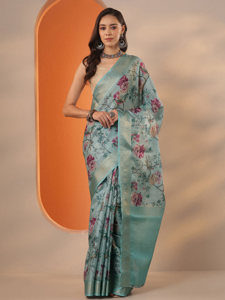 Sea Green Printed Kota Saree With Unstitched Blouse Piece
