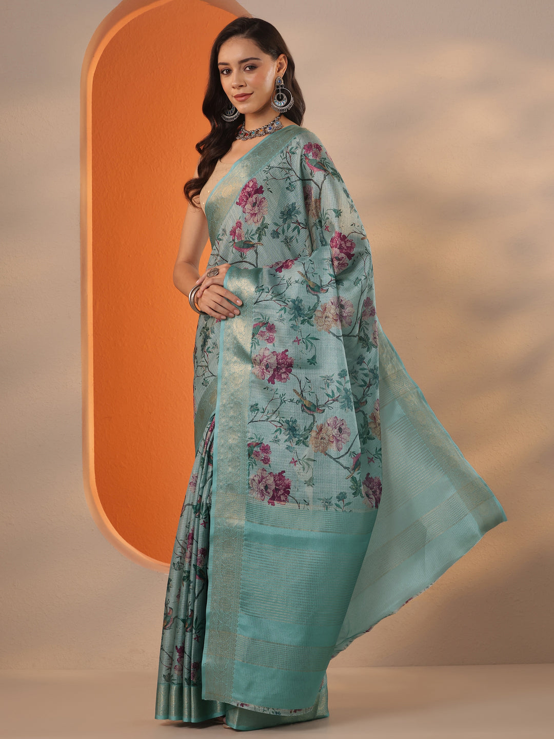 Sea Green Printed Kota Saree With Unstitched Blouse Piece