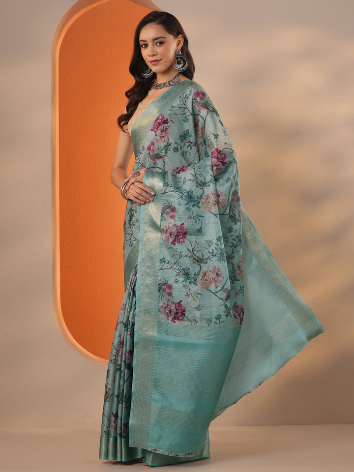 Sea Green Printed Kota Saree With Unstitched Blouse Piece