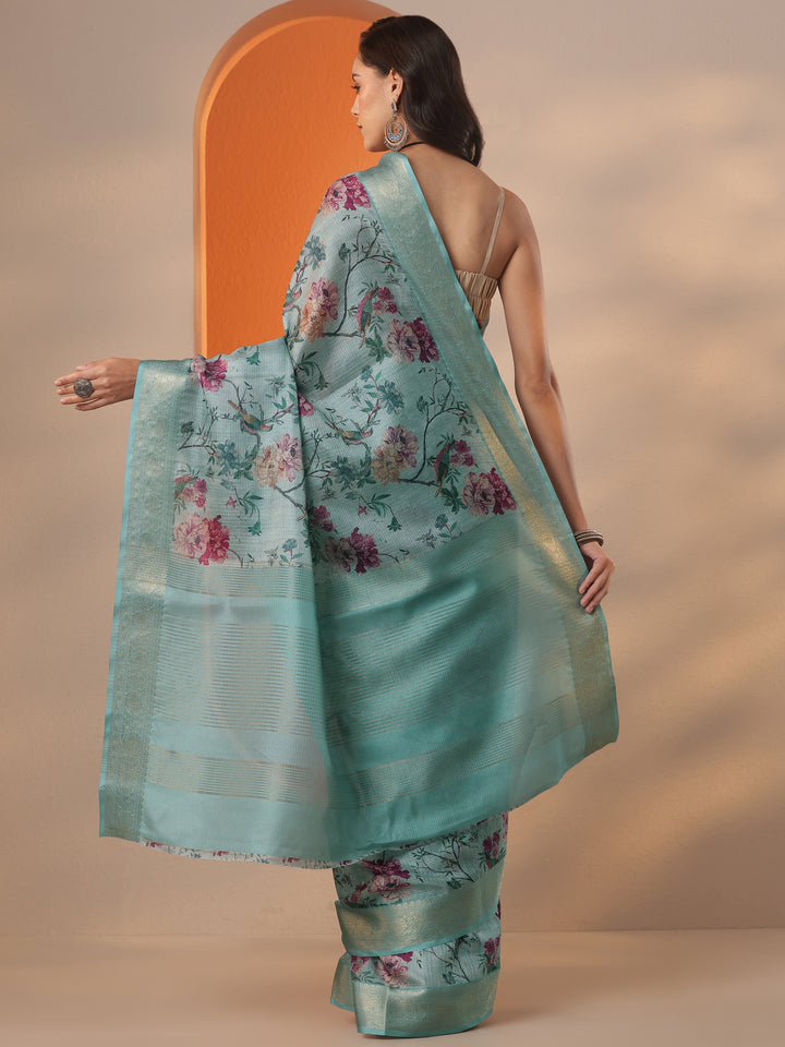 Sea Green Printed Kota Saree With Unstitched Blouse Piece