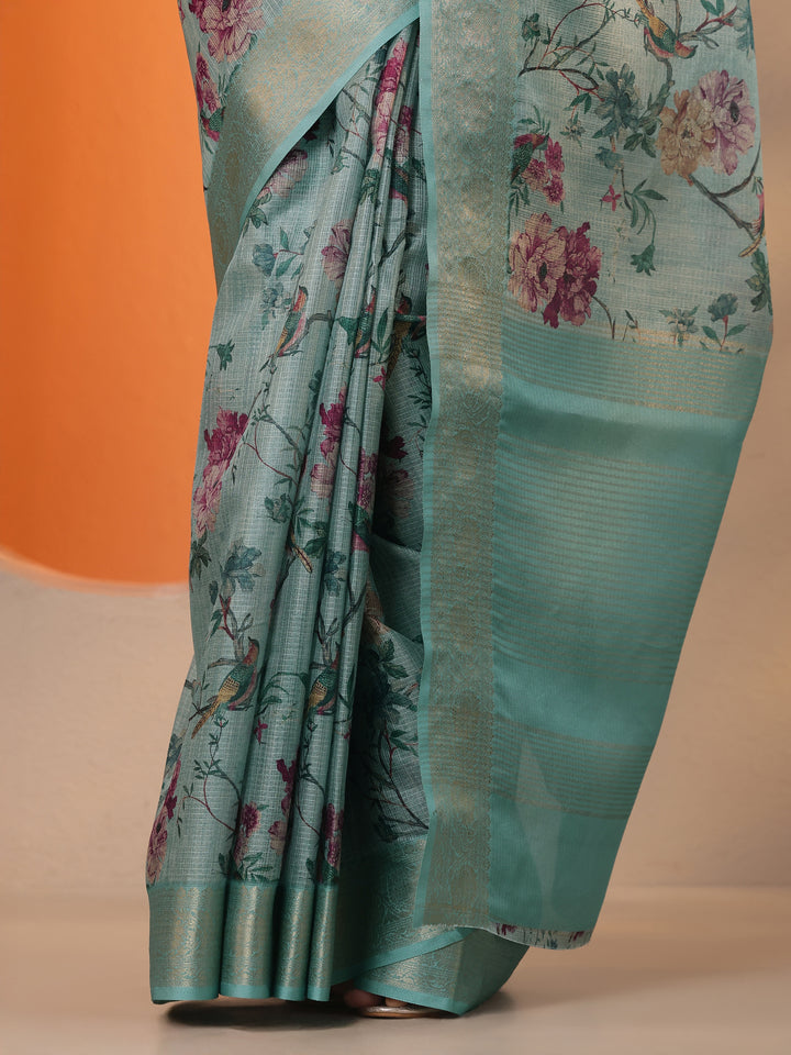 Sea Green Printed Kota Saree With Unstitched Blouse Piece
