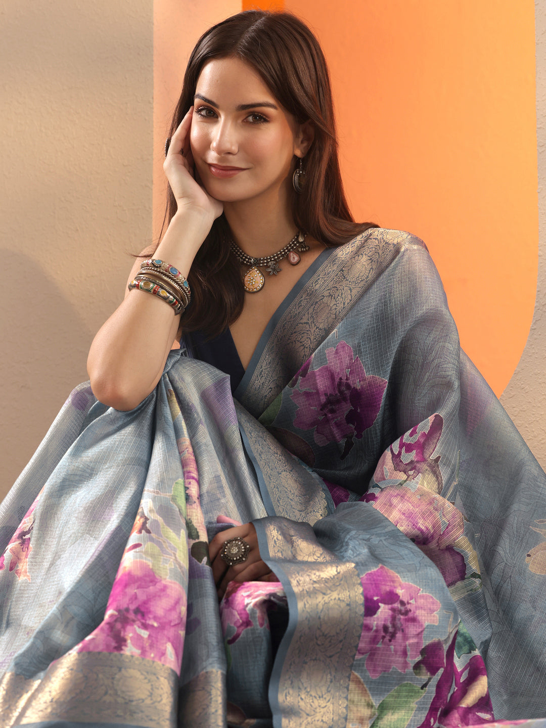 Grey Printed Kota Saree With Unstitched Blouse Piece