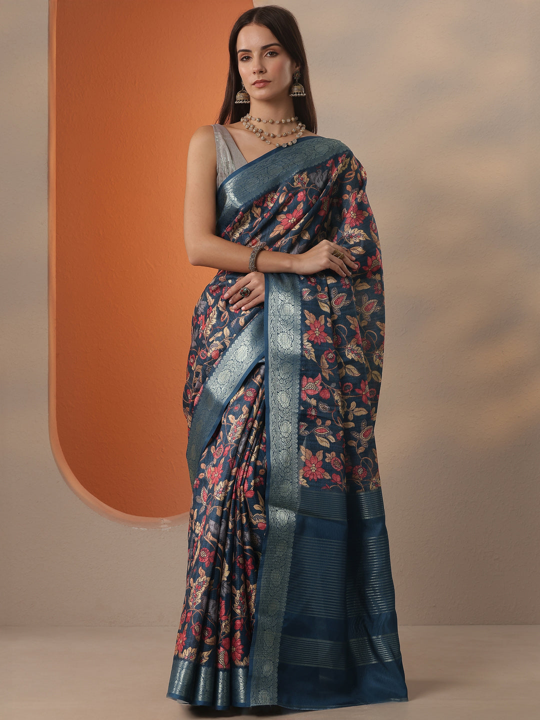 Blue Printed Kota Saree With Unstitched Blouse Piece