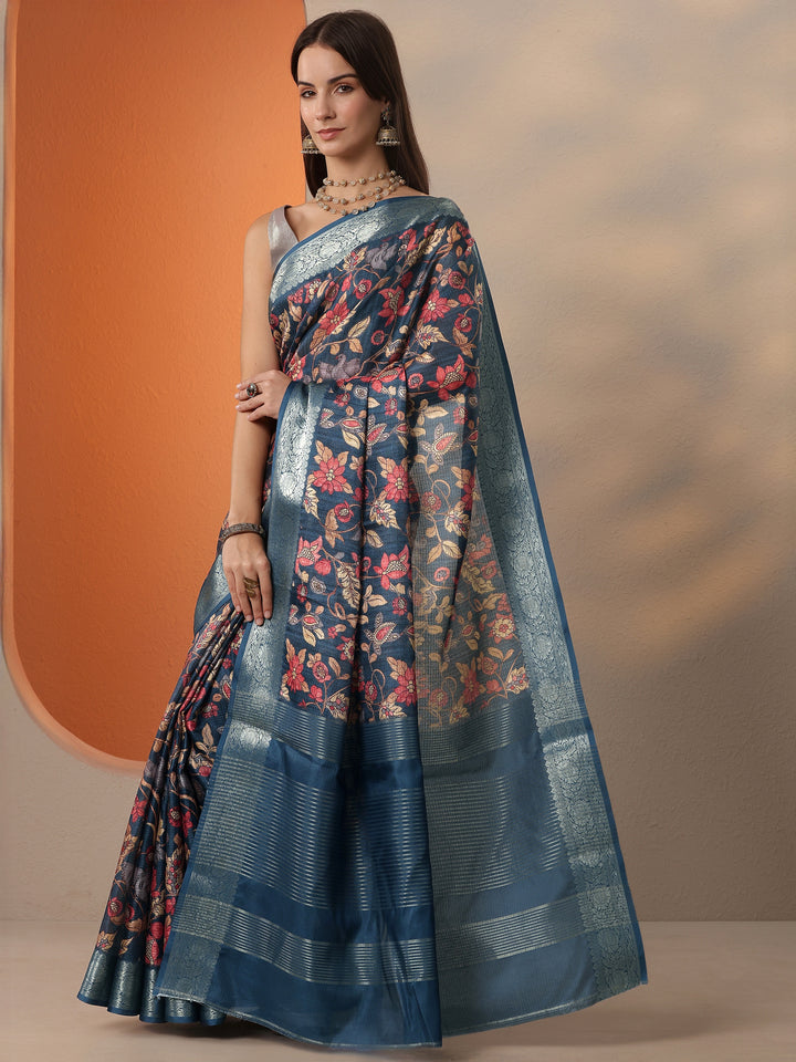 Blue Printed Kota Saree With Unstitched Blouse Piece