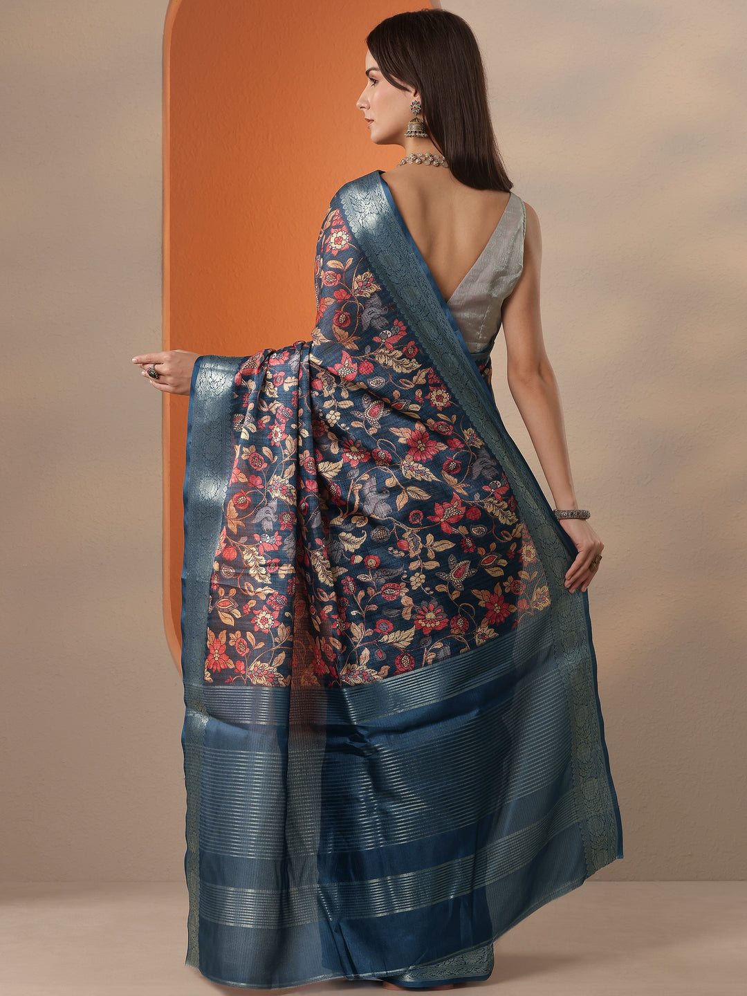 Blue Printed Kota Saree With Unstitched Blouse Piece