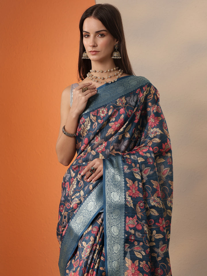 Blue Printed Kota Saree With Unstitched Blouse Piece