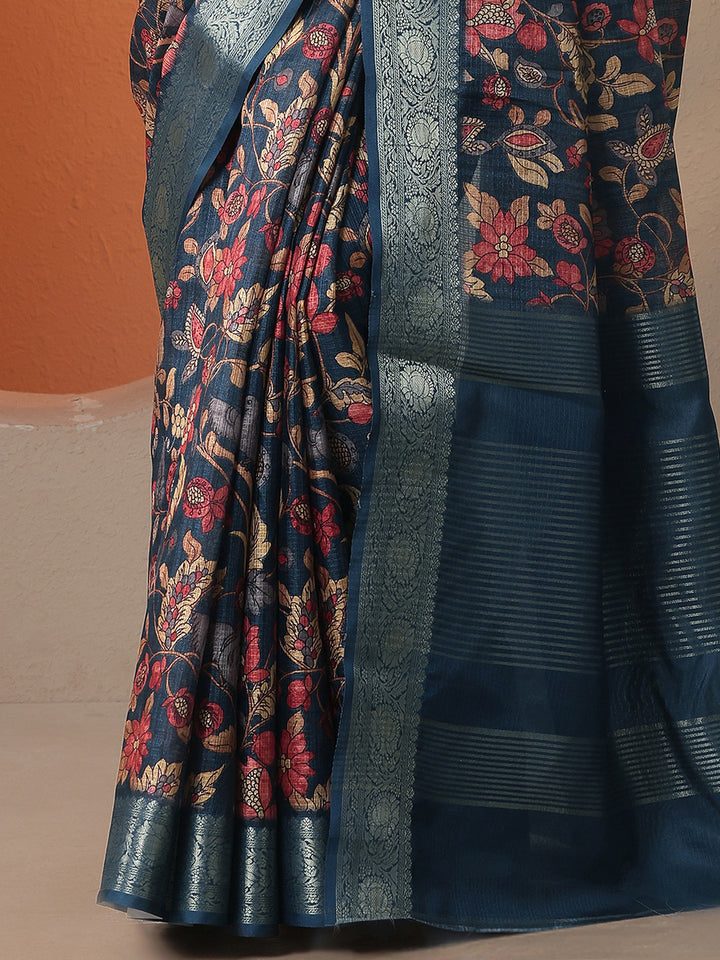Blue Printed Kota Saree With Unstitched Blouse Piece