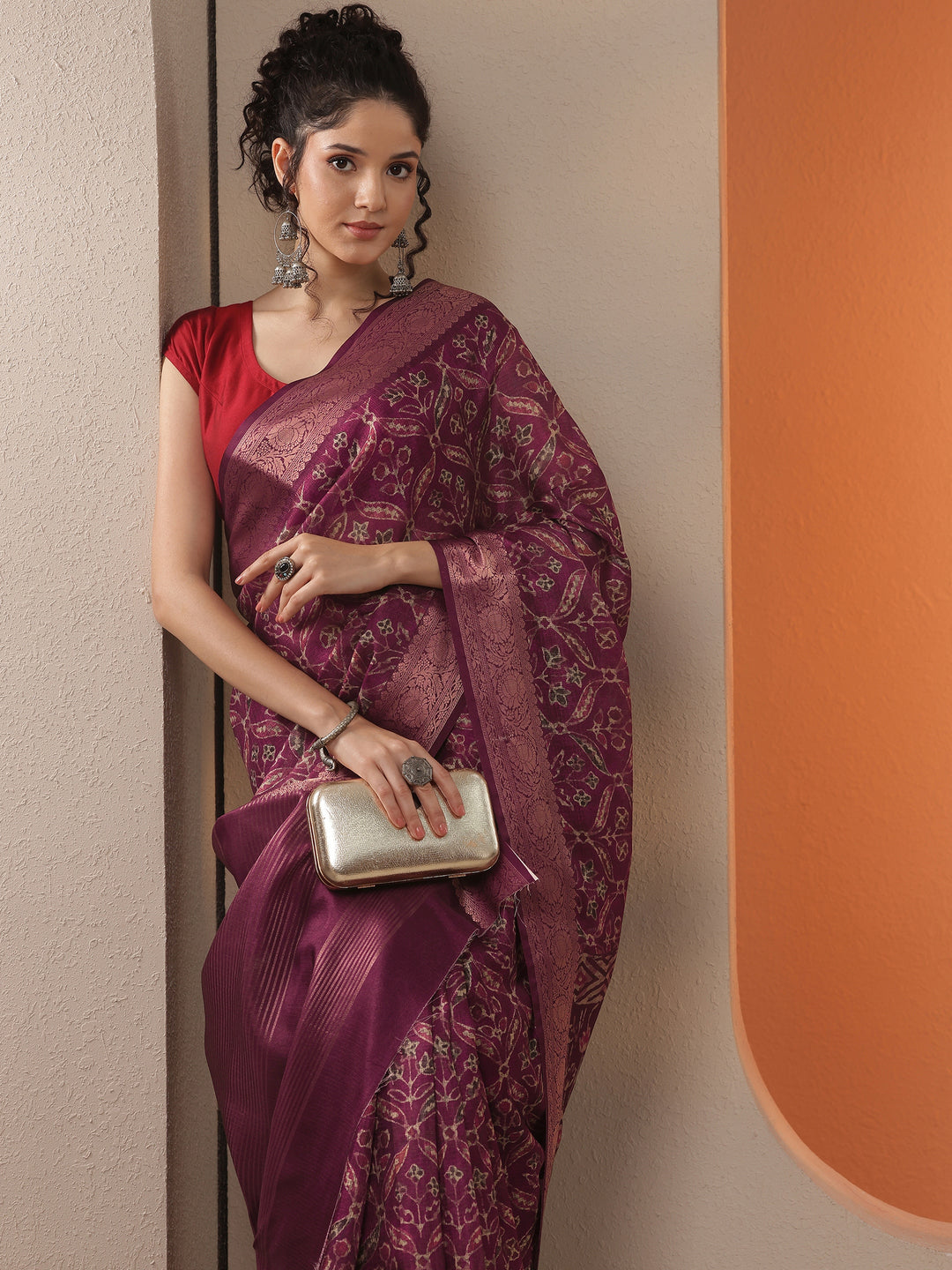 Burgundy Printed Kota Saree With Unstitched Blouse Piece