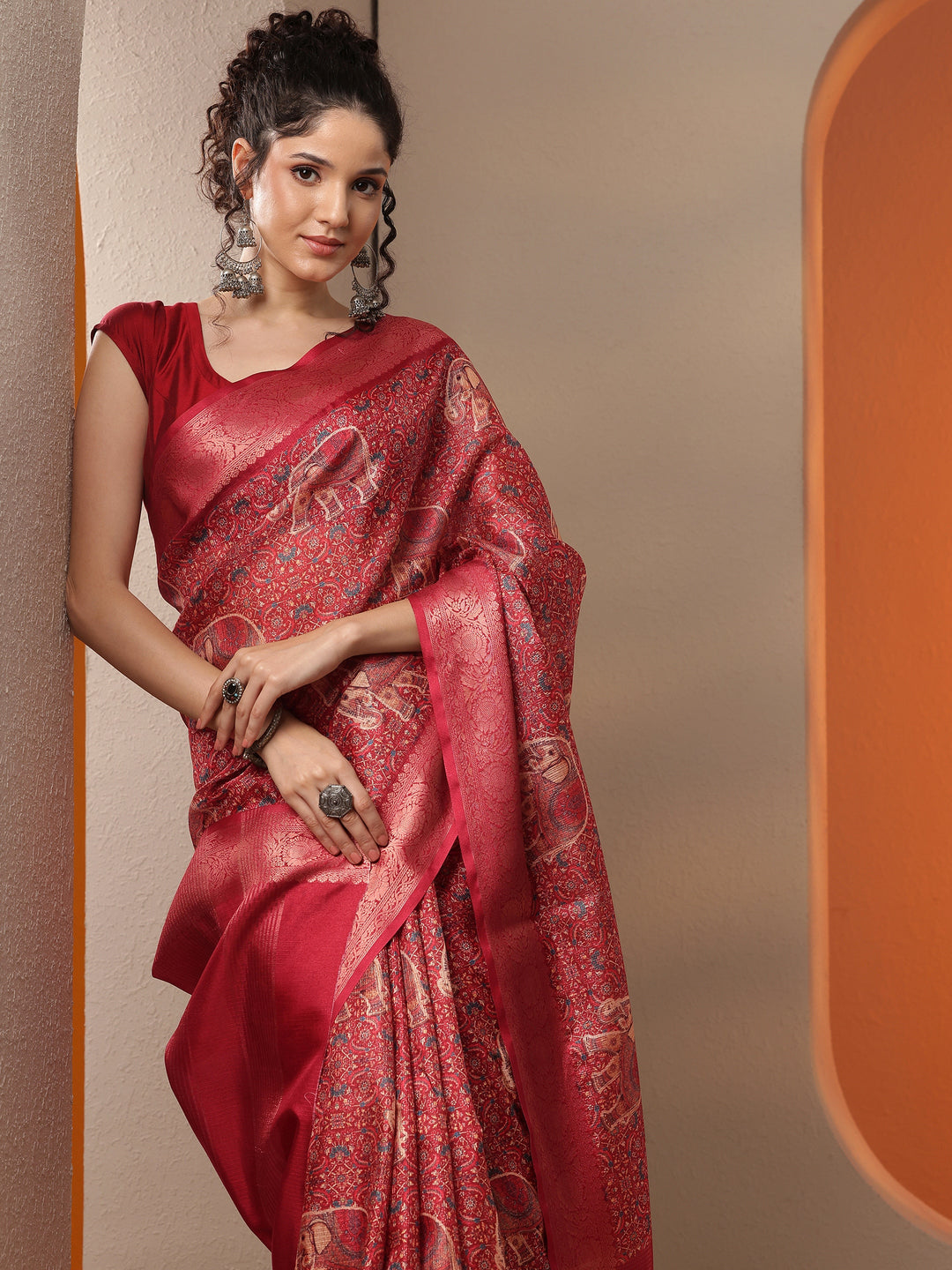 Red Printed Kota Saree With Unstitched Blouse Piece