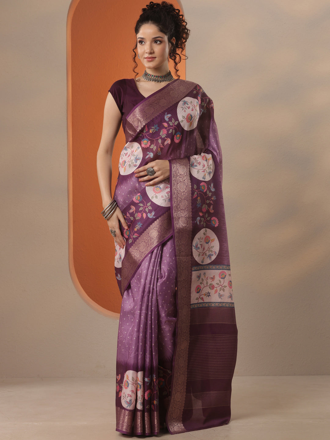 Purple Bandhani Printed Kota Saree With Unstitched Blouse Piece