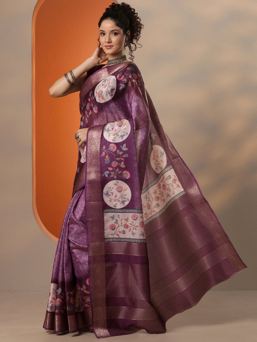 Purple Bandhani Printed Kota Saree With Unstitched Blouse Piece