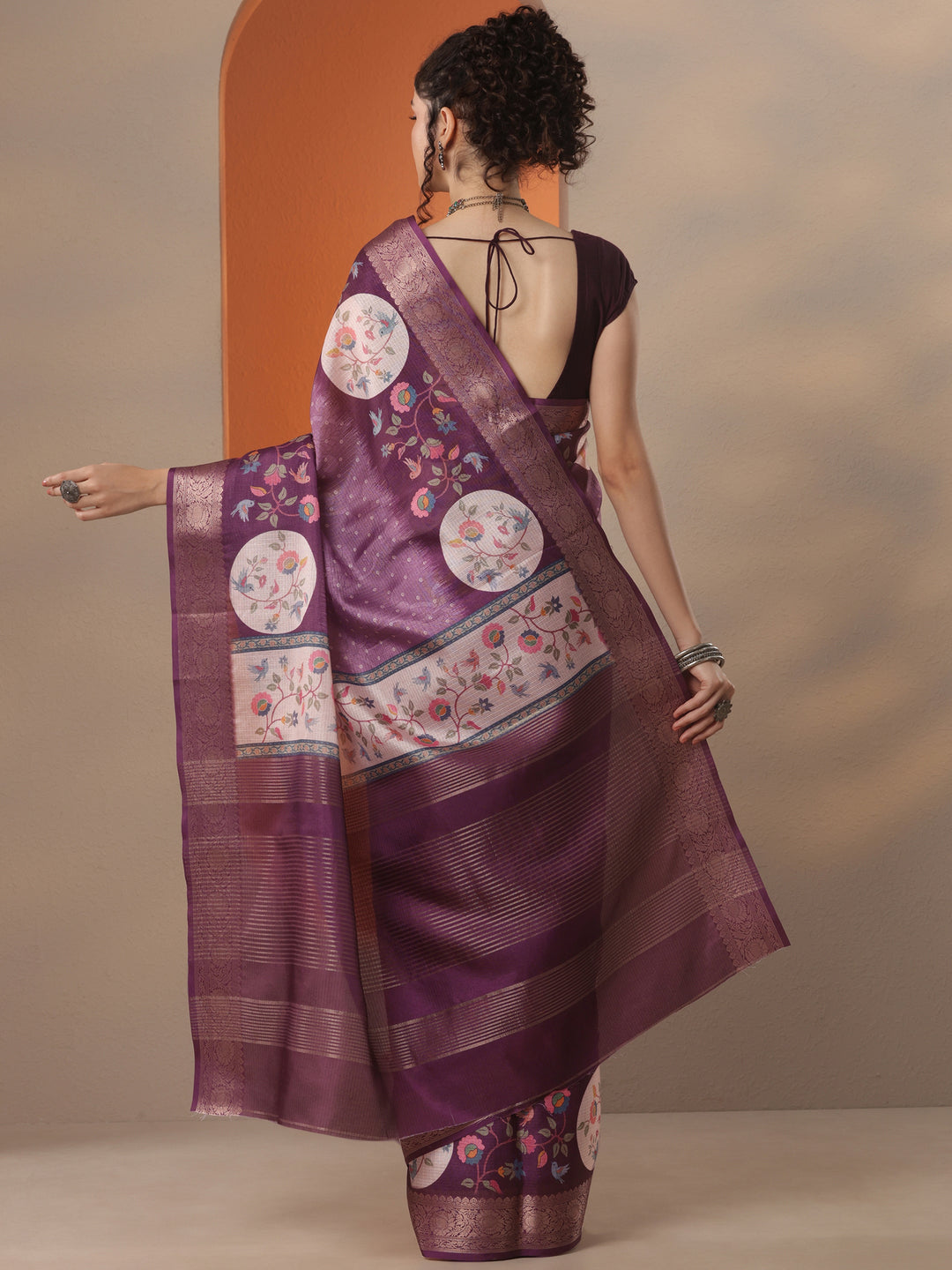 Purple Bandhani Printed Kota Saree With Unstitched Blouse Piece