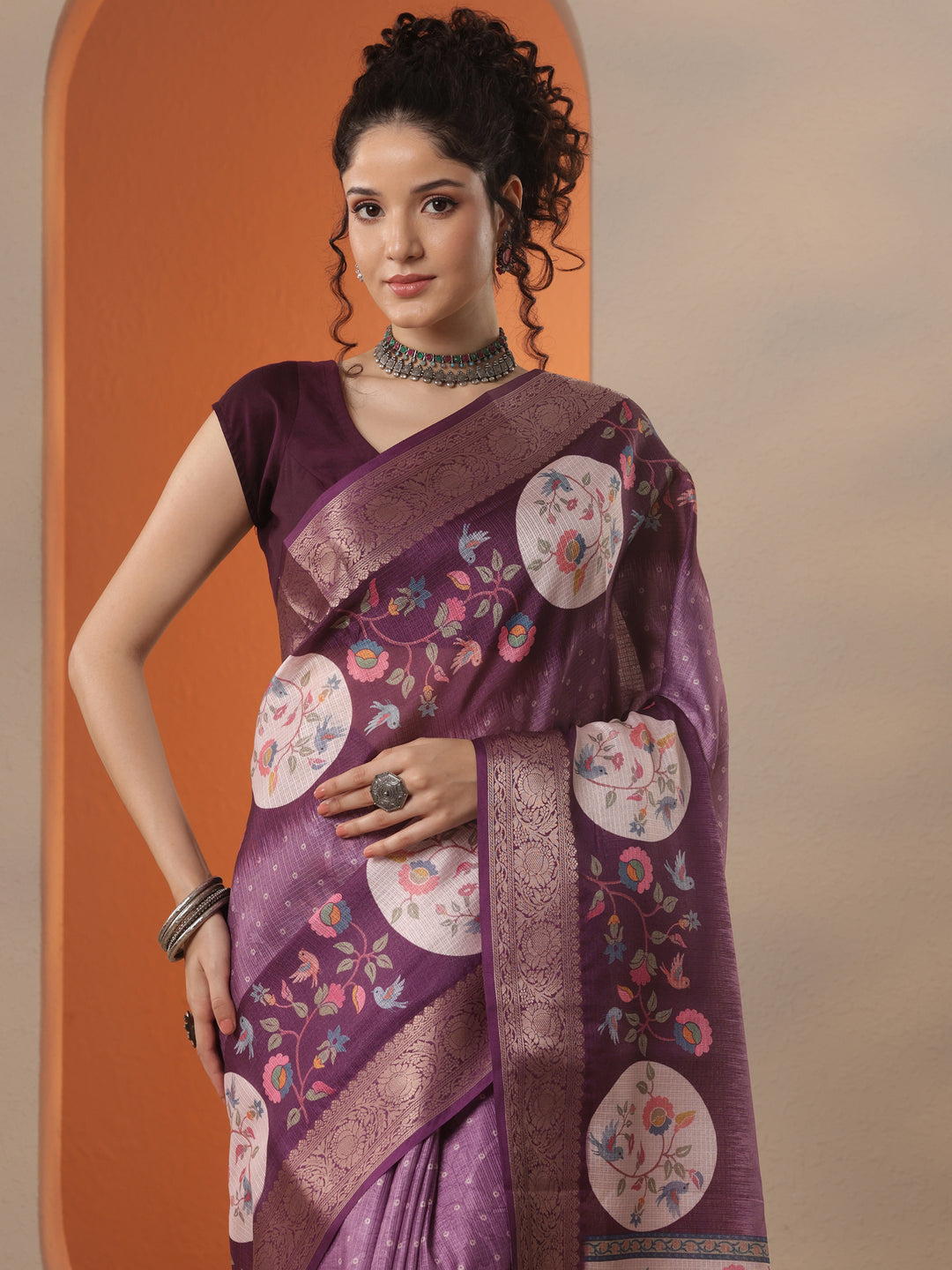 Purple Bandhani Printed Kota Saree With Unstitched Blouse Piece