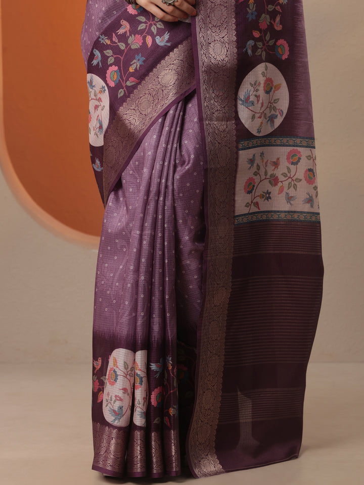 Purple Bandhani Printed Kota Saree With Unstitched Blouse Piece