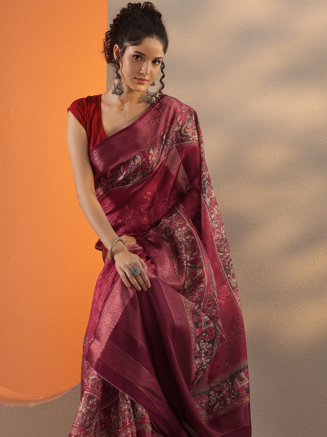 Maroon Printed Kota Saree With Unstitched Blouse Piece