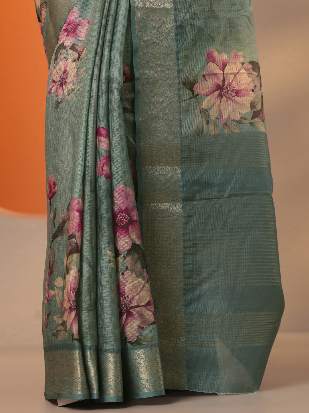 Green Printed Kota Saree With Unstitched Blouse Piece