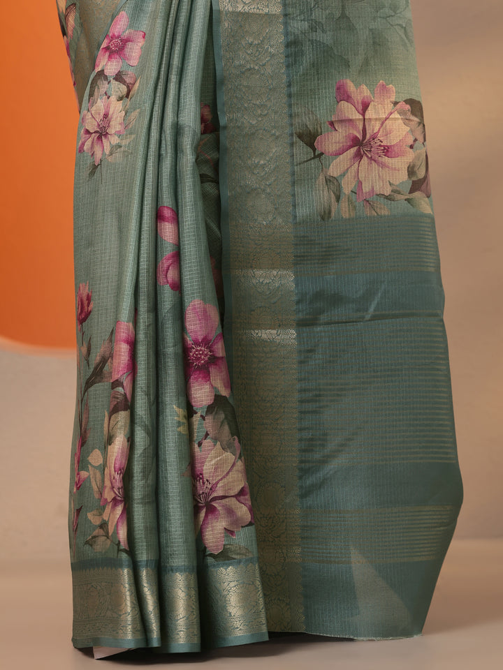 Green Printed Kota Saree With Unstitched Blouse Piece