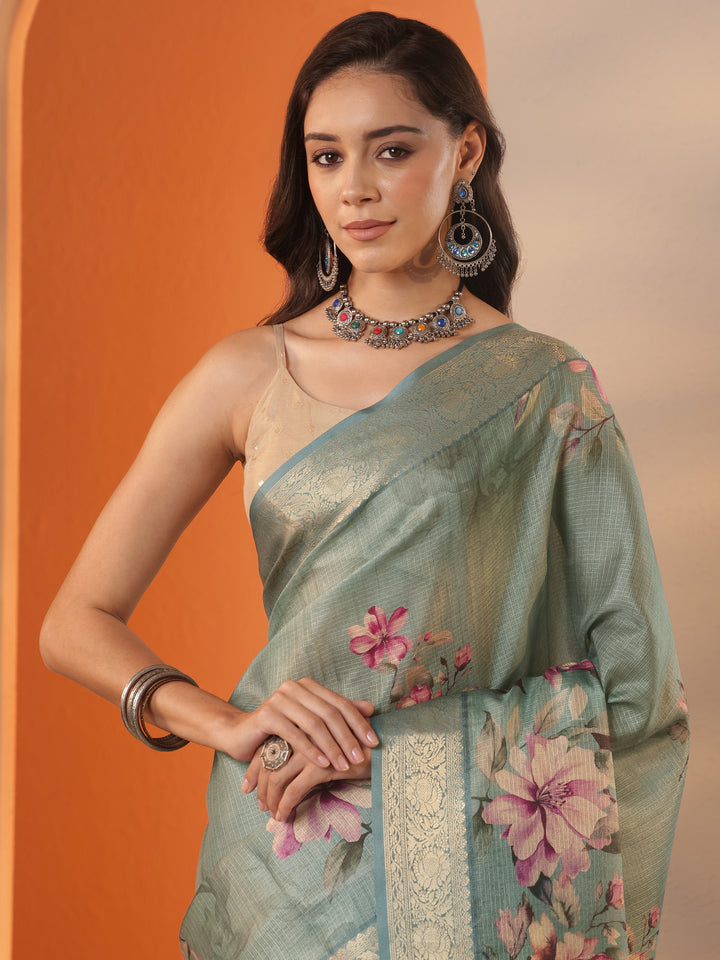Green Printed Kota Saree With Unstitched Blouse Piece