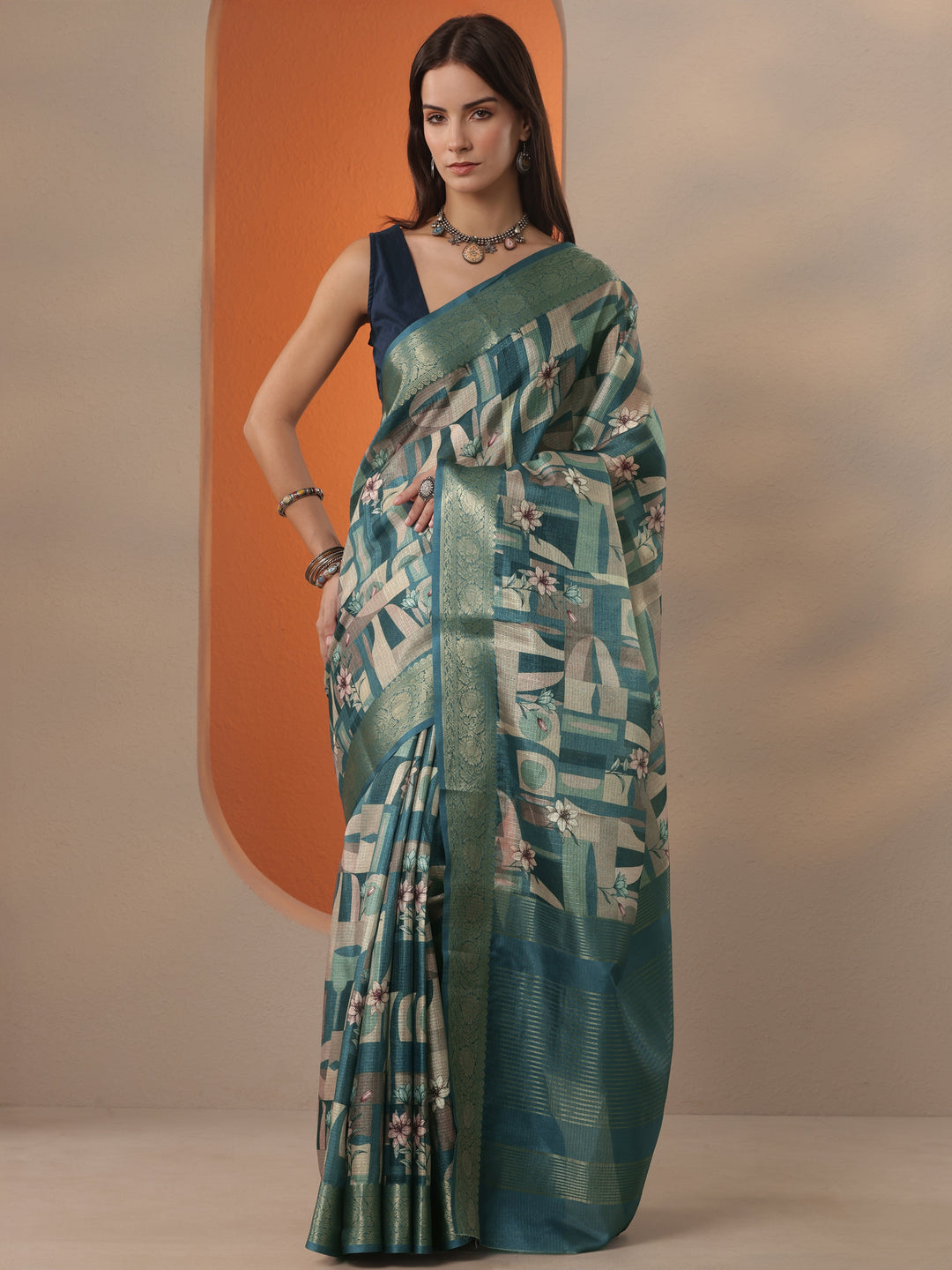 Teal Printed Kota Saree With Unstitched Blouse Piece