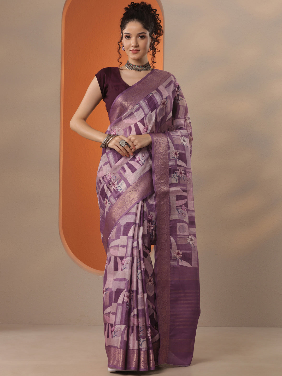 Lavender Printed Kota Saree With Unstitched Blouse Piece