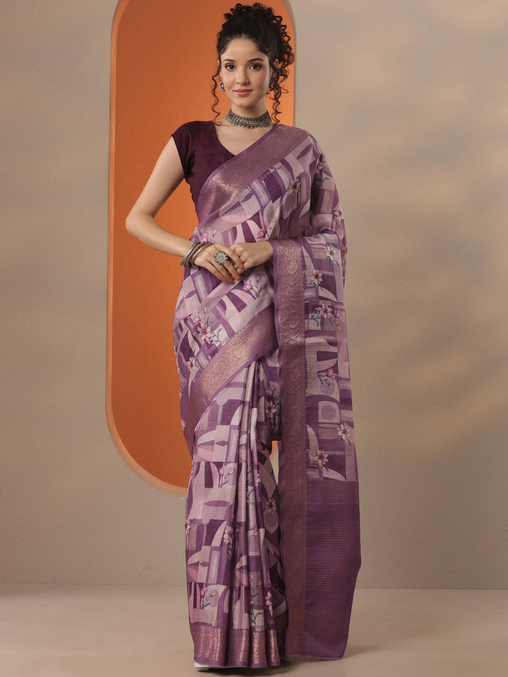 Lavender Printed Kota Saree With Unstitched Blouse Piece