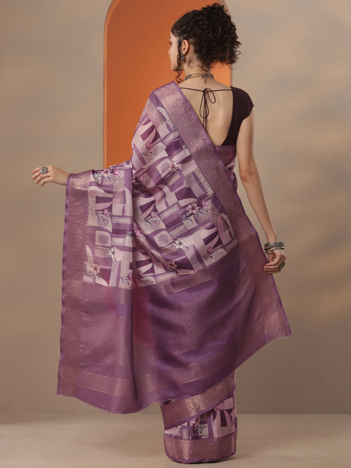 Lavender Printed Kota Saree With Unstitched Blouse Piece