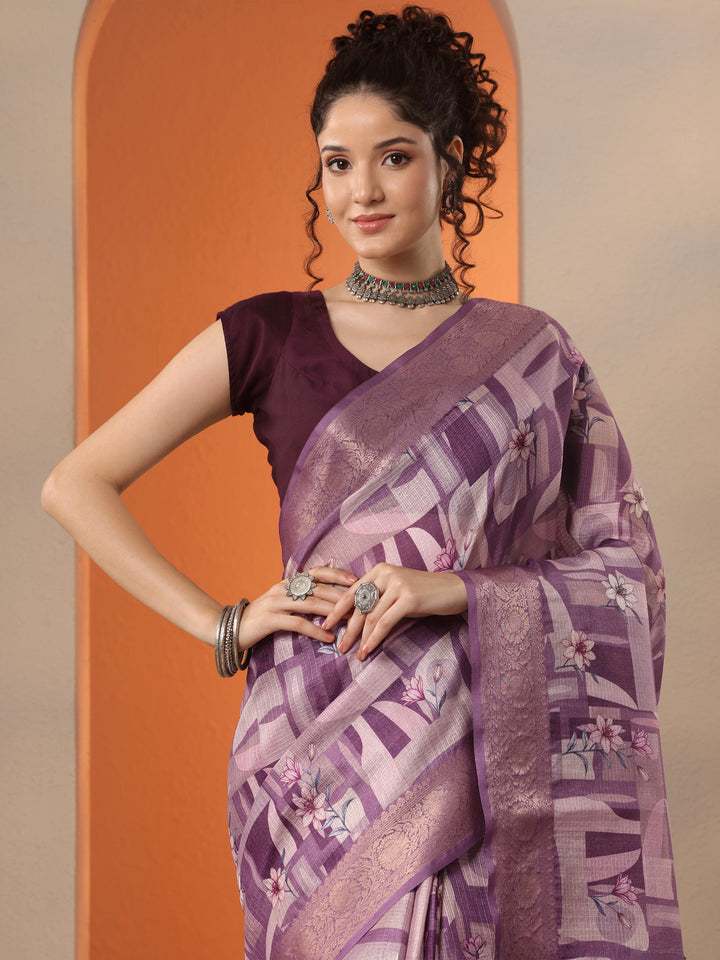 Lavender Printed Kota Saree With Unstitched Blouse Piece