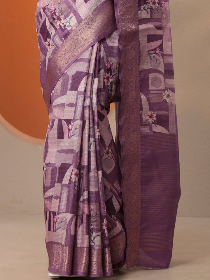 Lavender Printed Kota Saree With Unstitched Blouse Piece