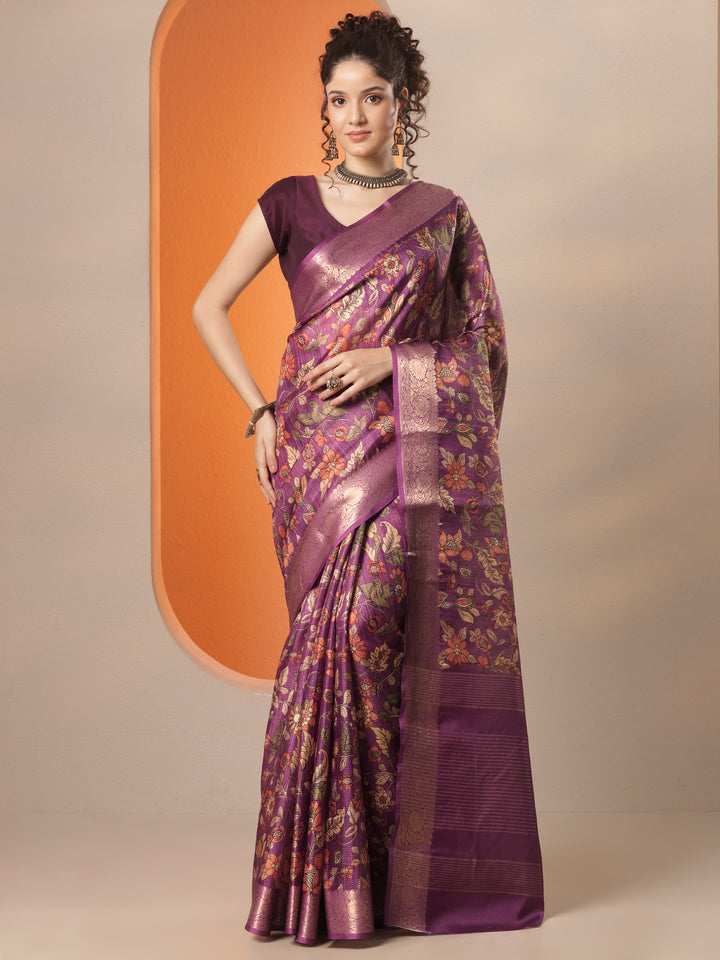 Purple Printed Kota Saree With Unstitched Blouse Piece