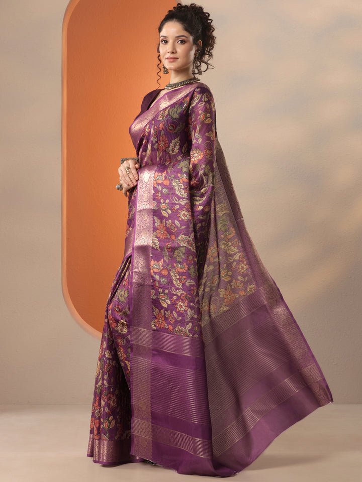 Purple Printed Kota Saree With Unstitched Blouse Piece