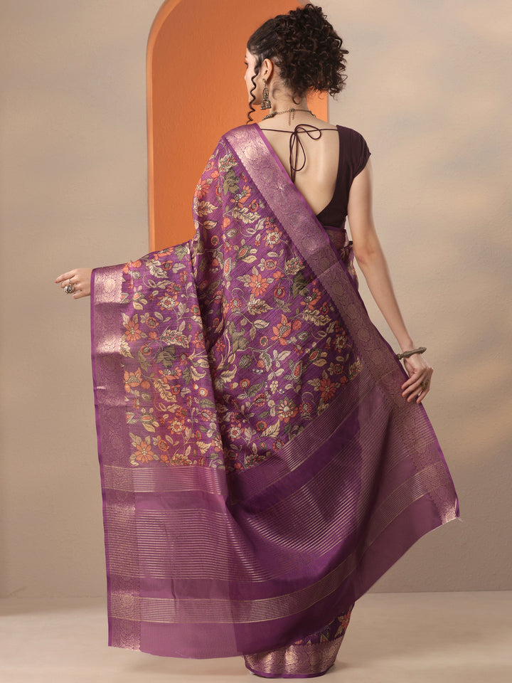 Purple Printed Kota Saree With Unstitched Blouse Piece