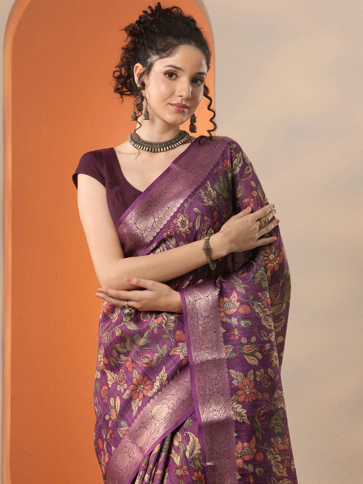 Purple Printed Kota Saree With Unstitched Blouse Piece