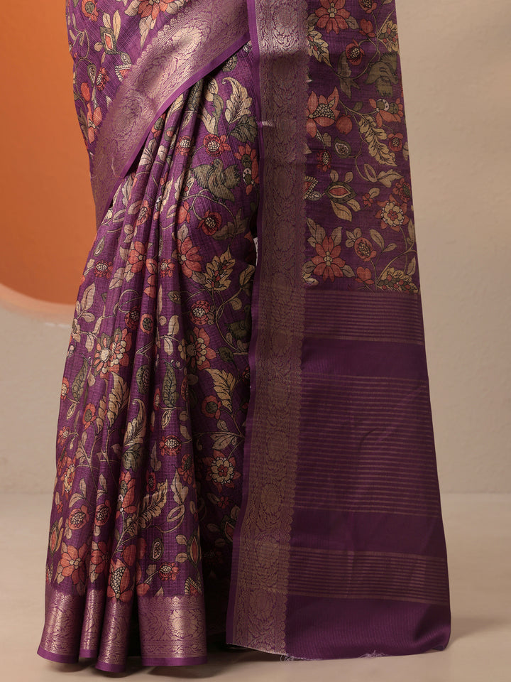 Purple Printed Kota Saree With Unstitched Blouse Piece