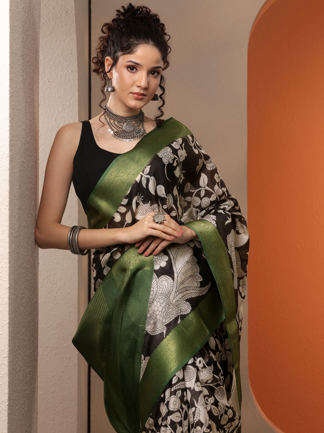 Black Printed Kota Saree With Unstitched Blouse Piece