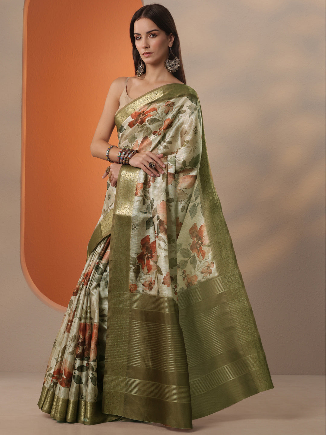 Beige Printed Kota Saree With Unstitched Blouse Piece