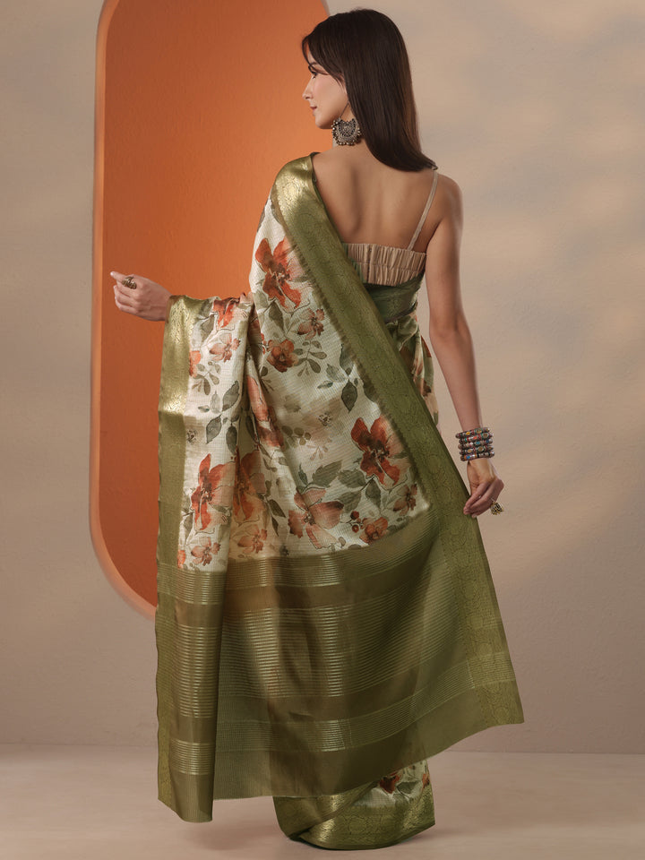 Beige Printed Kota Saree With Unstitched Blouse Piece