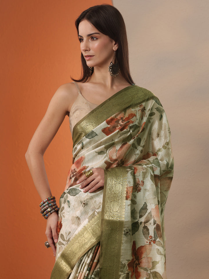 Beige Printed Kota Saree With Unstitched Blouse Piece