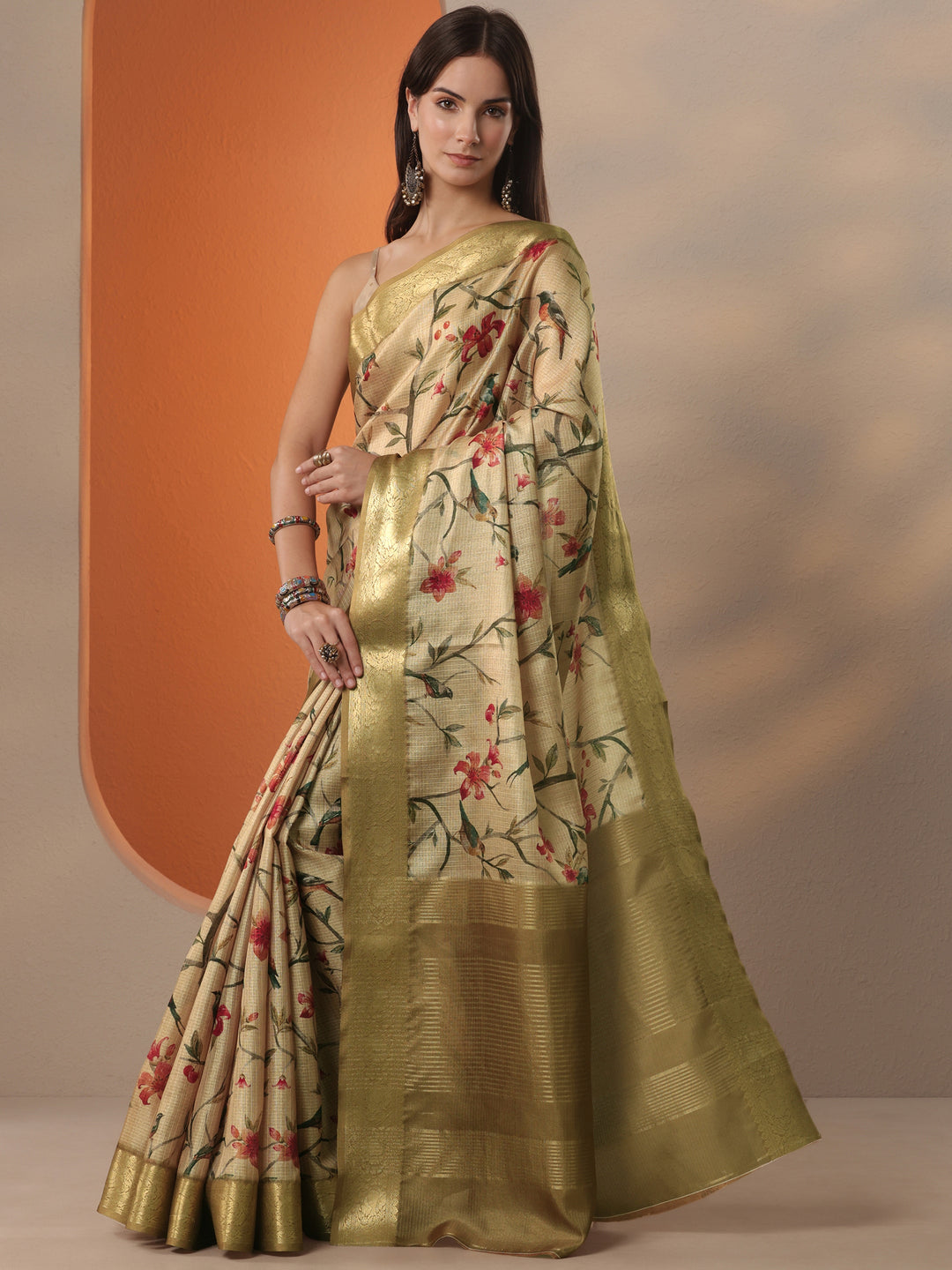 Gold Printed Kota Saree With Unstitched Blouse Piece