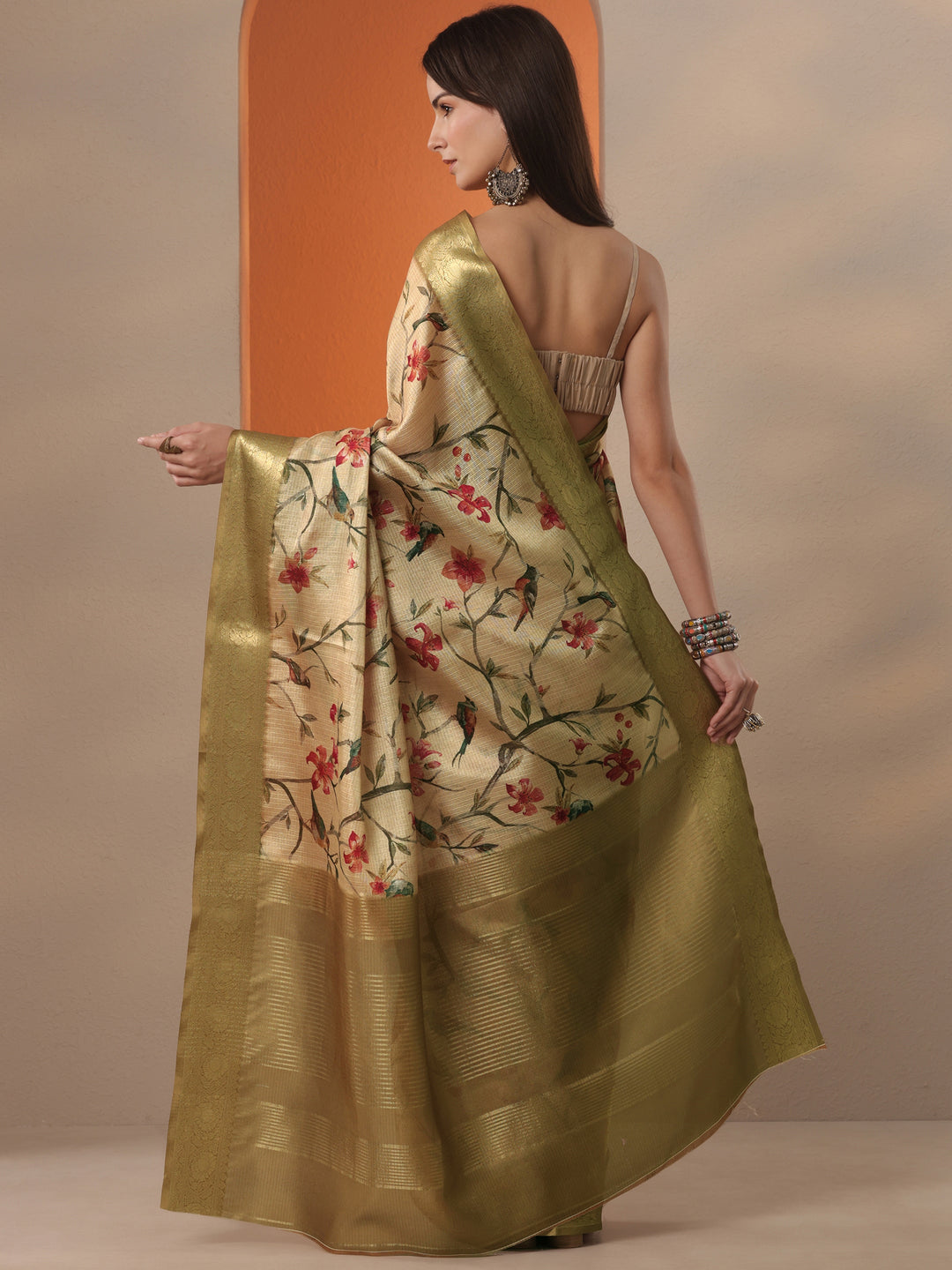 Gold Printed Kota Saree With Unstitched Blouse Piece