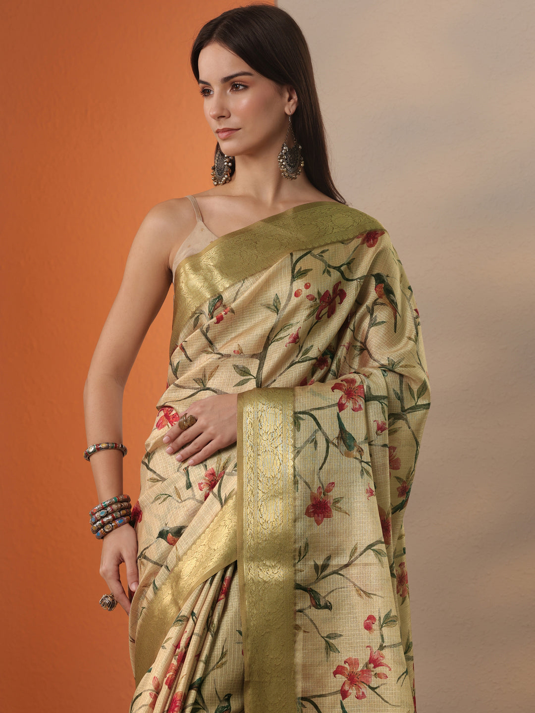 Gold Printed Kota Saree With Unstitched Blouse Piece
