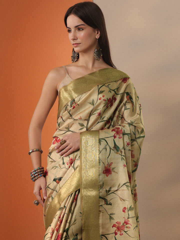 Gold Printed Kota Saree With Unstitched Blouse Piece