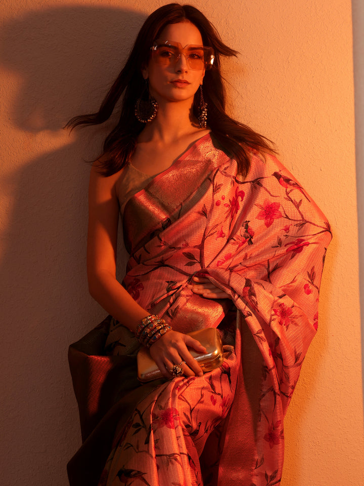 Gold Printed Kota Saree With Unstitched Blouse Piece