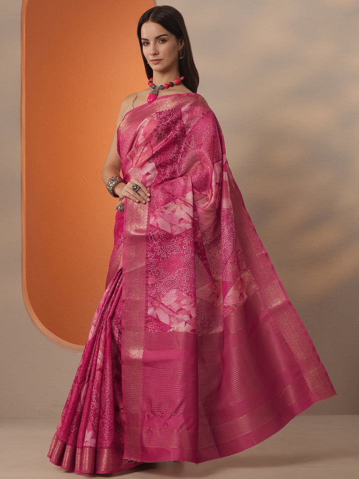 Pink Printed Kota Saree With Unstitched Blouse Piece