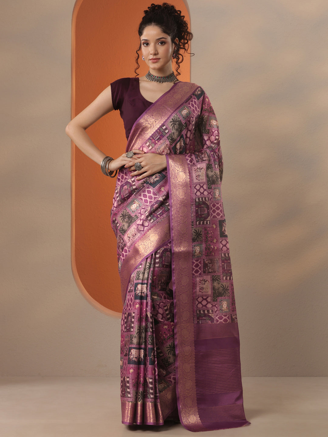 Purple Tribal Printed Kota Saree With Unstitched Blouse Piece