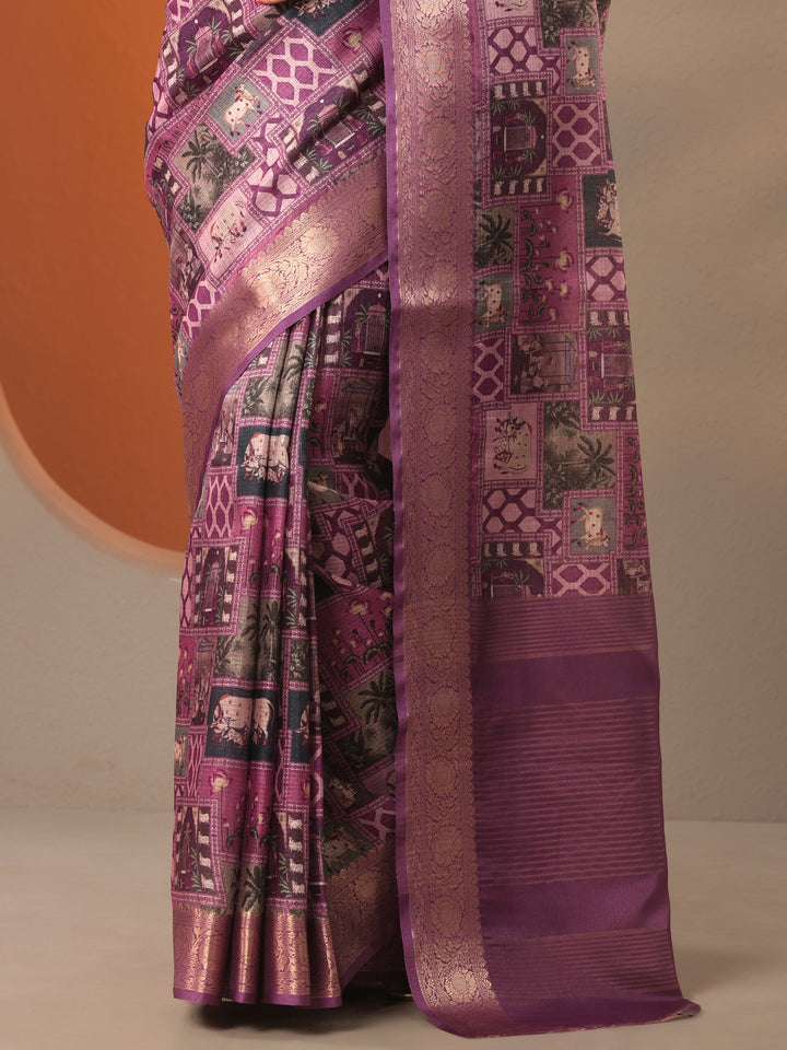 Purple Tribal Printed Kota Saree With Unstitched Blouse Piece