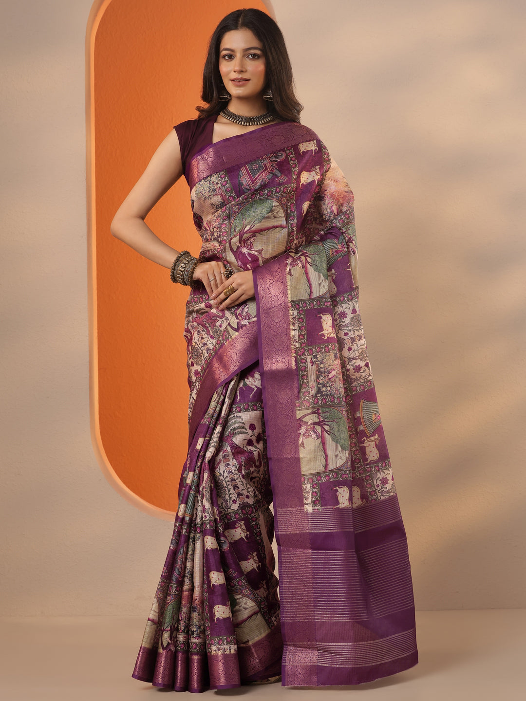 Burgundy  Tribal Printed Kota Saree With Unstitched Blouse Piece