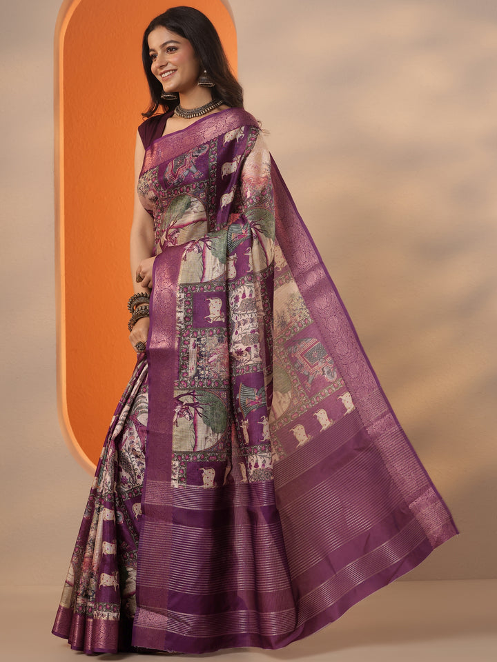 Burgundy  Tribal Printed Kota Saree With Unstitched Blouse Piece