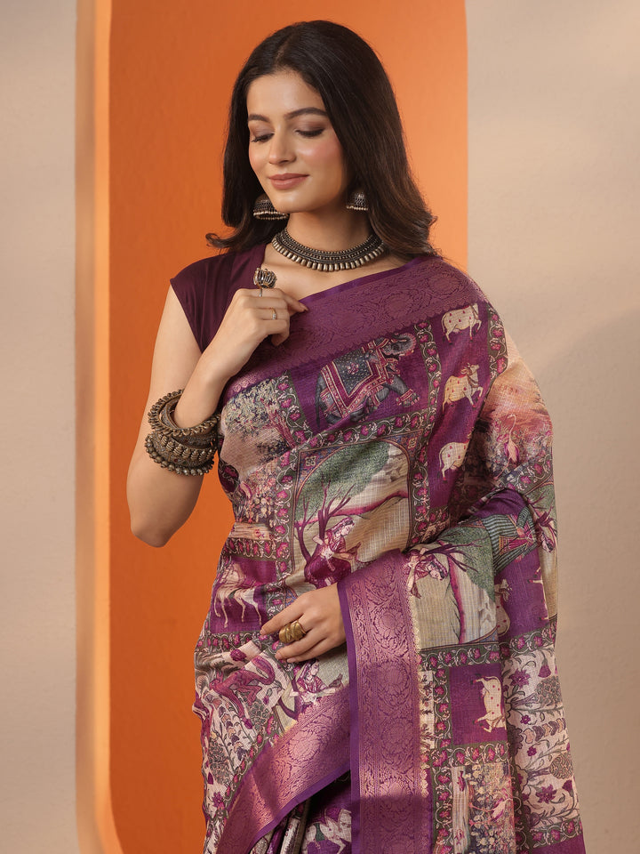 Burgundy  Tribal Printed Kota Saree With Unstitched Blouse Piece