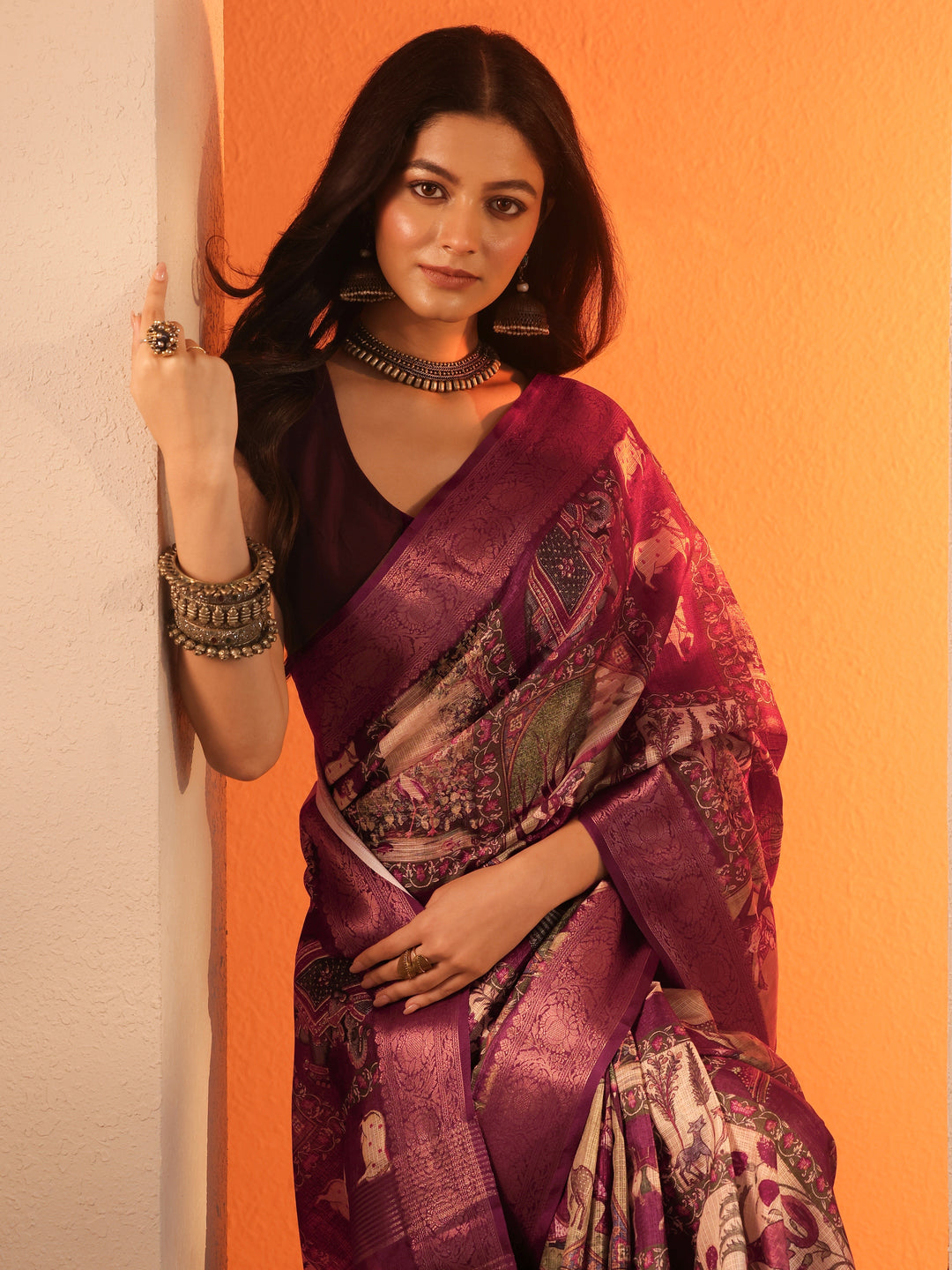 Burgundy  Tribal Printed Kota Saree With Unstitched Blouse Piece