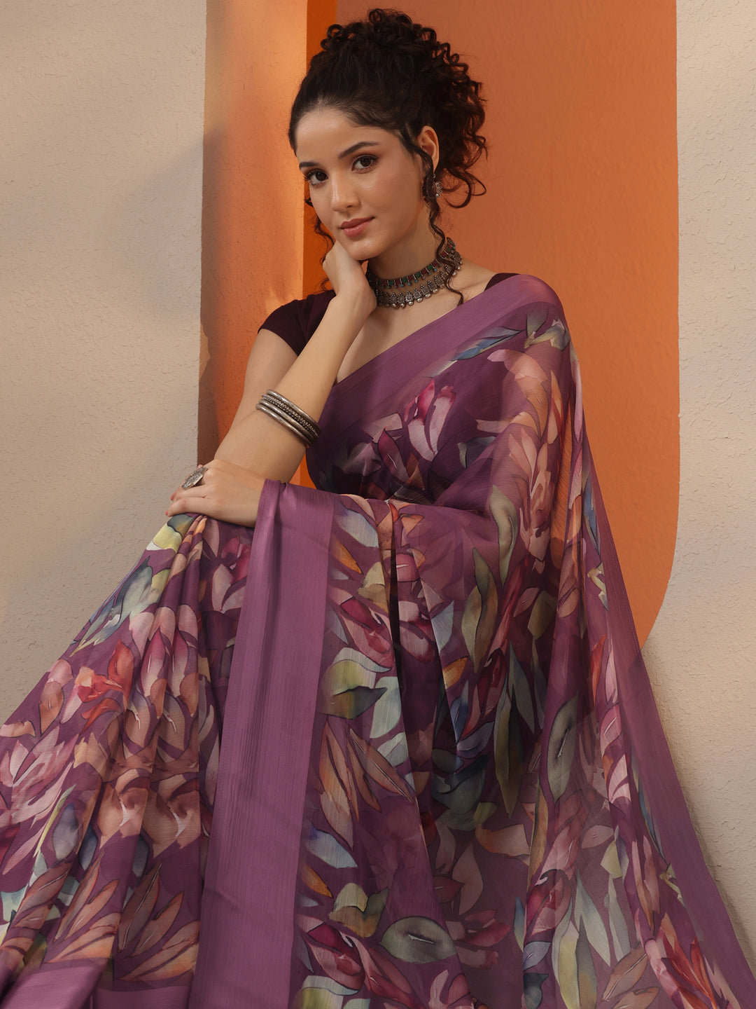 Burgundy Printed Chinon Saree With Unstitched Blouse Piece